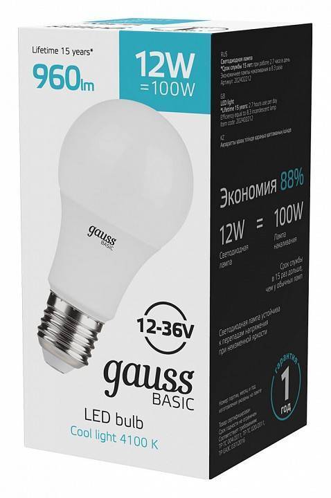 Лампа светодиодная Gauss Basic A60 E27 12 Вт 4100 K 202402212