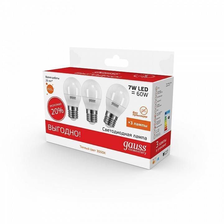 Набор светодиодных ламп Gauss Elementary G45 E27 7 Вт 3000 K 3 шт. 53217T