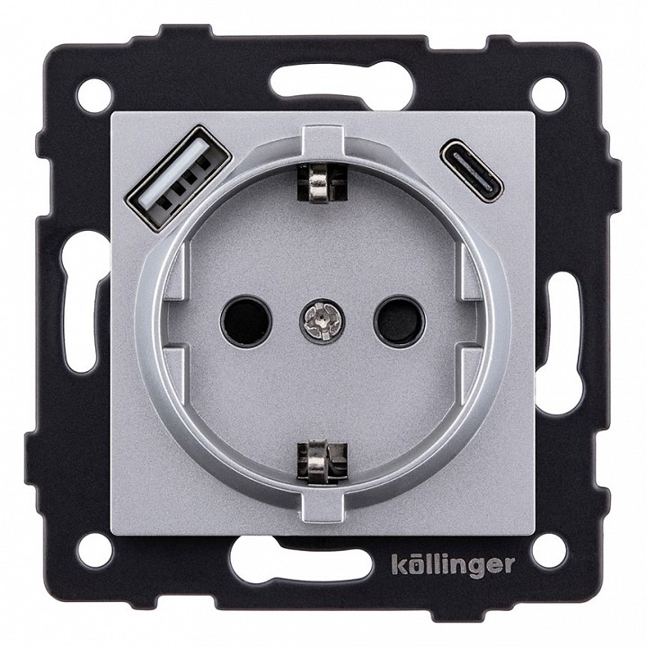 Розетка с заземлением и со шторкой и 2хUSB type A и C, без рамки Kollinger  REA-004GY