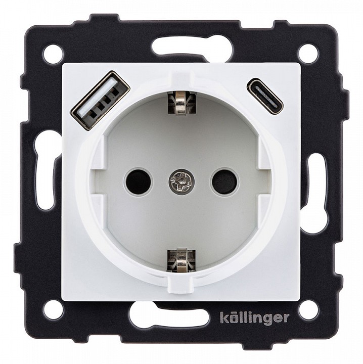 Розетка с заземлением и со шторкой и 2хUSB type A и C, без рамки Kollinger  REA-004WH