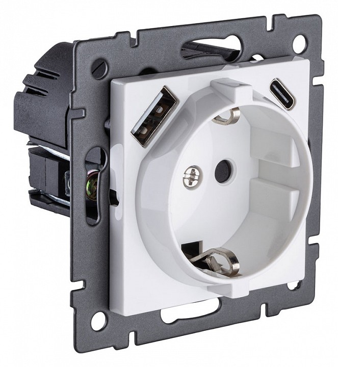 Розетка с заземлением и со шторкой и 2хUSB type A и C, без рамки Kollinger  REA-004WH