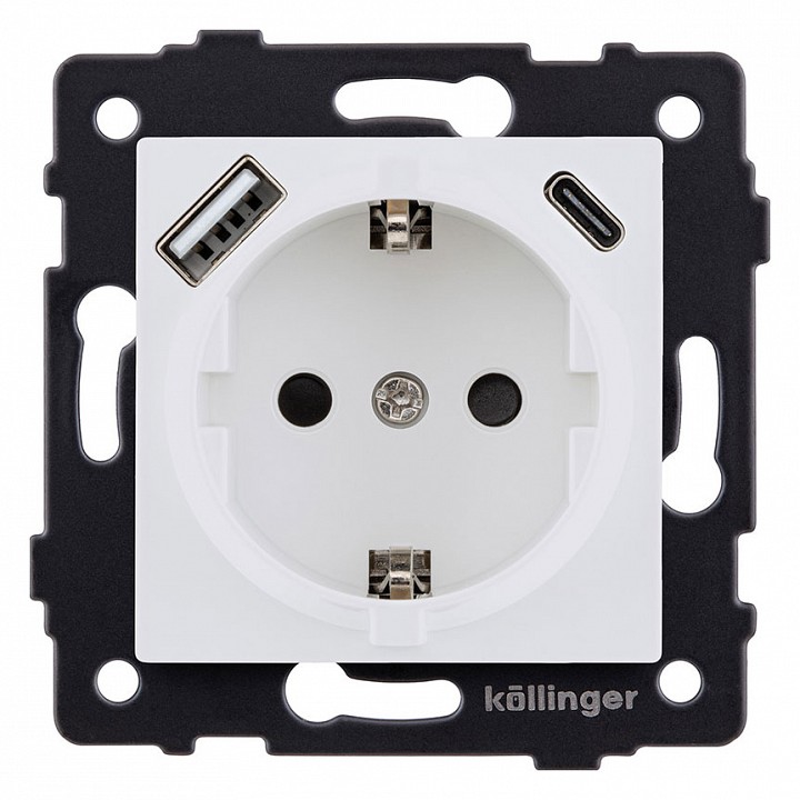 Розетка с заземлением и со шторкой и 2хUSB type A и C, без рамки Kollinger  REA-004WM