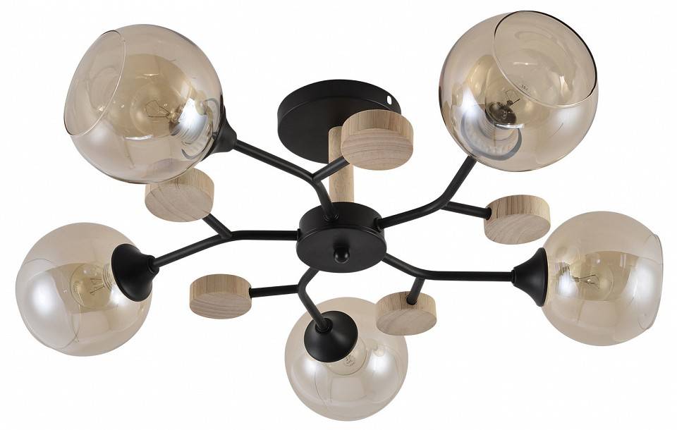 Люстра на штанге Reluce 01501 5 ламп 01501-0.3-05 BK+WOOD