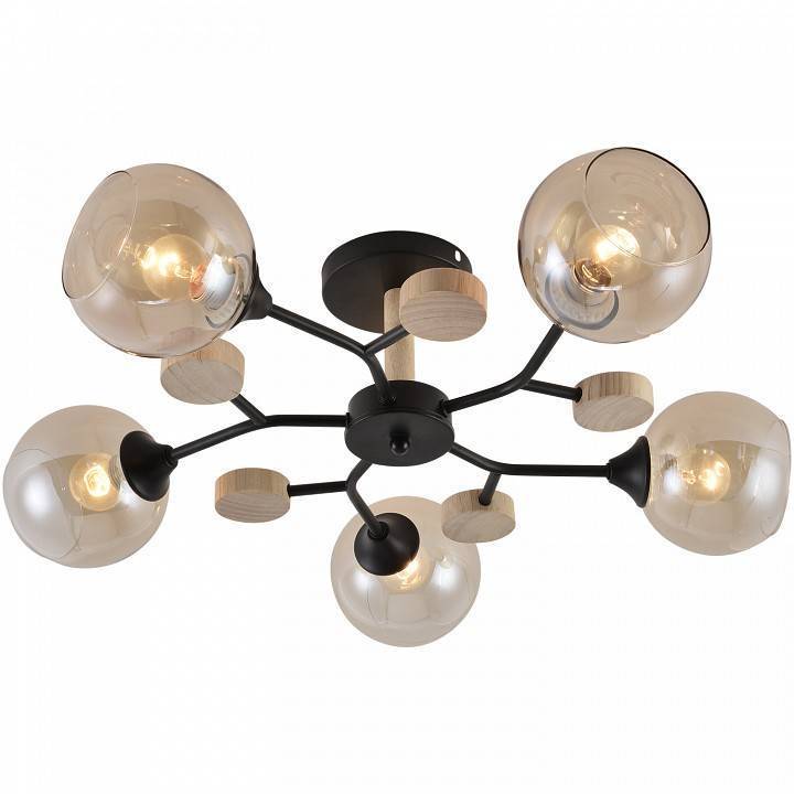 Люстра на штанге Reluce 01501 5 ламп 01501-0.3-05 BK+WOOD