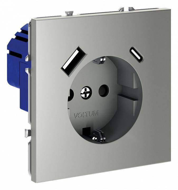 Розетка с заземлением и со шторкой и 2хUSB type A и C, без рамки Voltum S70 VLS040505