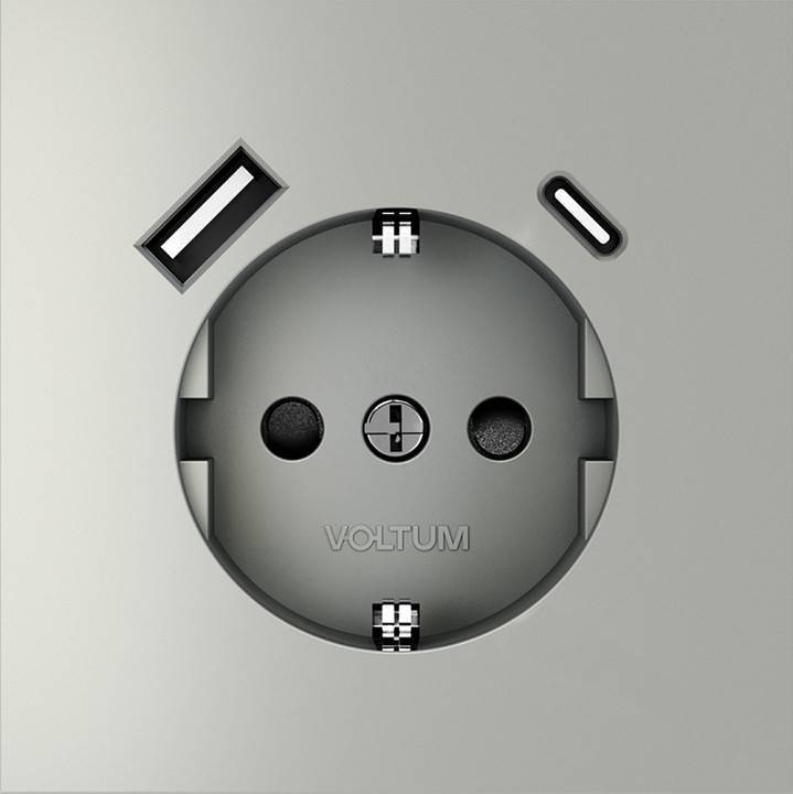 Розетка с заземлением и со шторкой и 2хUSB type A и C, без рамки Voltum S70 VLS040505