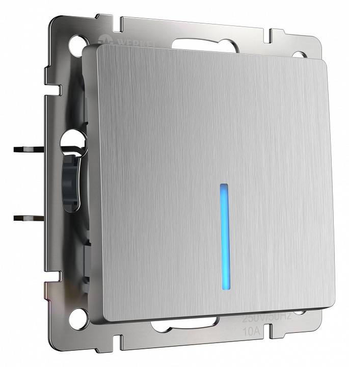 Выключатель проходной одноклавишный с подсветкой без рамки Werkel серебряный рифленый W1112109