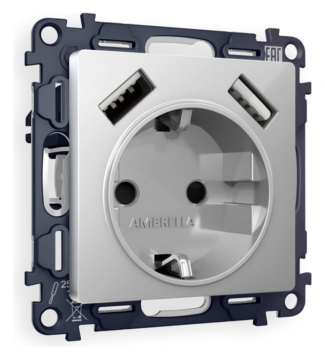 Розетка с заземлением и со шторкой и 2хUSB type A, без рамки Ambrella Volt Quant MA409010