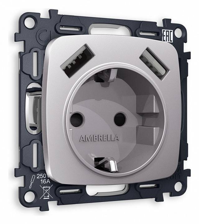 Розетка с заземлением и 2хUSB type A, без рамки Ambrella Volt Quant MO509010