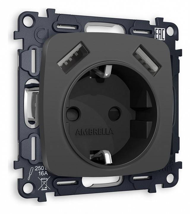 Розетка с заземлением и 2хUSB type A, без рамки Ambrella Volt Quant MO909010