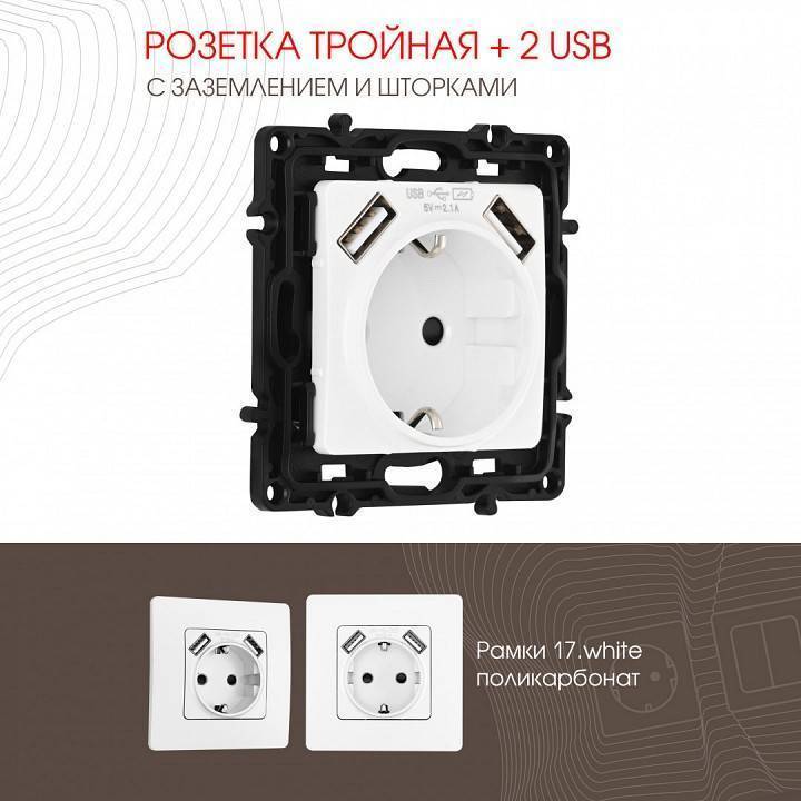 Розетка с заземлением и со шторкой и 2хUSB, без рамки Arte Milano am-217 217.47-1.white
