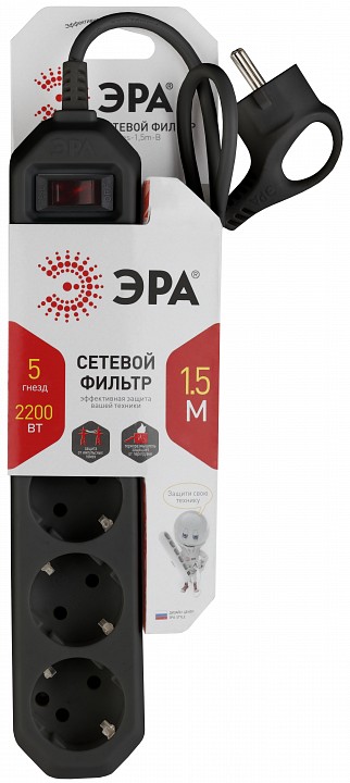 Удлинитель с выключателем ЭРА USF-5es-1.5m-B 5 розеток 1.5 м черный USF-5es-1.5m-B