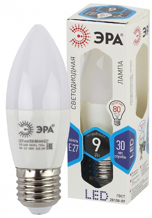 Лампа светодиодная Эра Стандарт LED B35-9W-840-E27