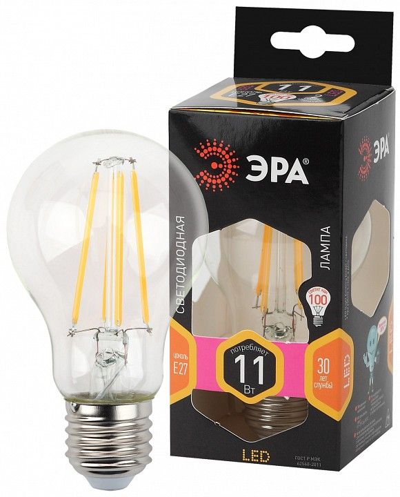 Лампа светодиодная филаментная ЭРА F-LED A60 11 Вт E27 2700 K F-LED A60-11W-827-E27