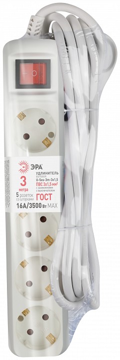 Удлинитель с выключателем ЭРА U-5es-3m 5 розеток 3 м 3х1.5 мм² U-5es-3m-3x1,5