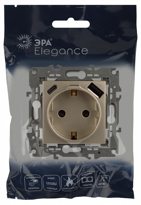 Розетка с заземлением и со шторкой и 2хUSB, без рамки Эра Эра Elegance 14-4108-04