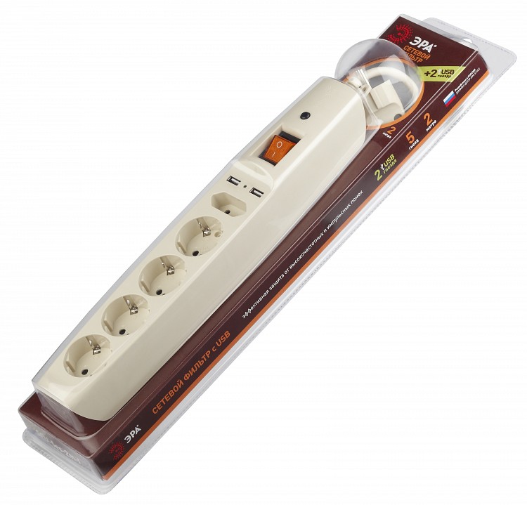 Удлинитель с выключателем Эра  SFU-5es-2m-I