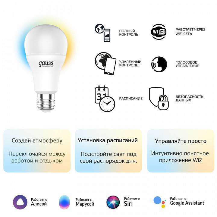 Лампа светодиодная умная Gauss Smart Home Wi-Fi E27 10 Вт 2700-6500K 1080112