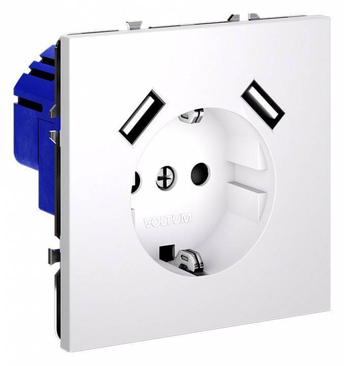 Розетка с заземлением и со шторкой и 2хUSB type A, без рамки Voltum S70 VLS040402