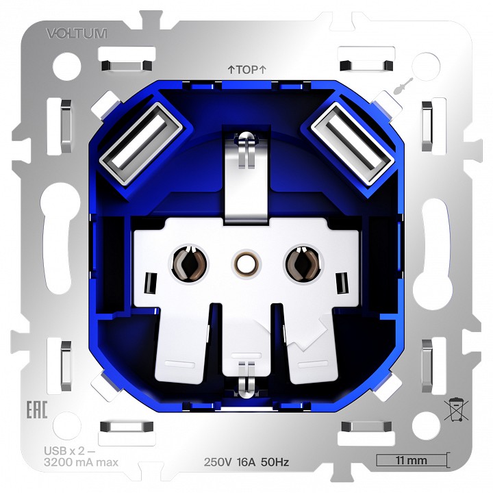 Механизм розетки с заземлением и со шторками и 2хUSB type A Voltum S70 VLS0404M