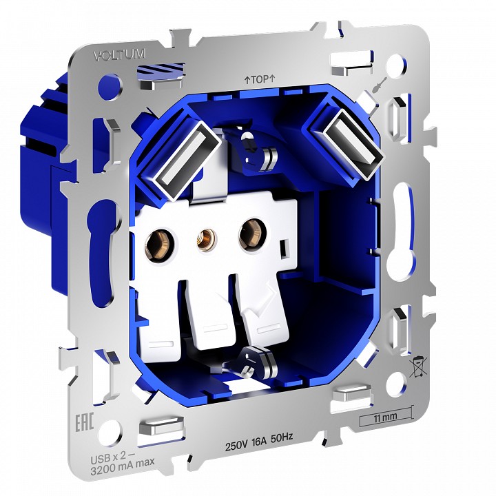 Механизм розетки с заземлением и со шторками и 2хUSB type A Voltum S70 VLS0404M