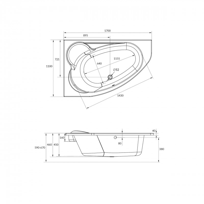 Ванна акриловая асимметричная Cersanit KALIOPE 170x110 см левая 63443