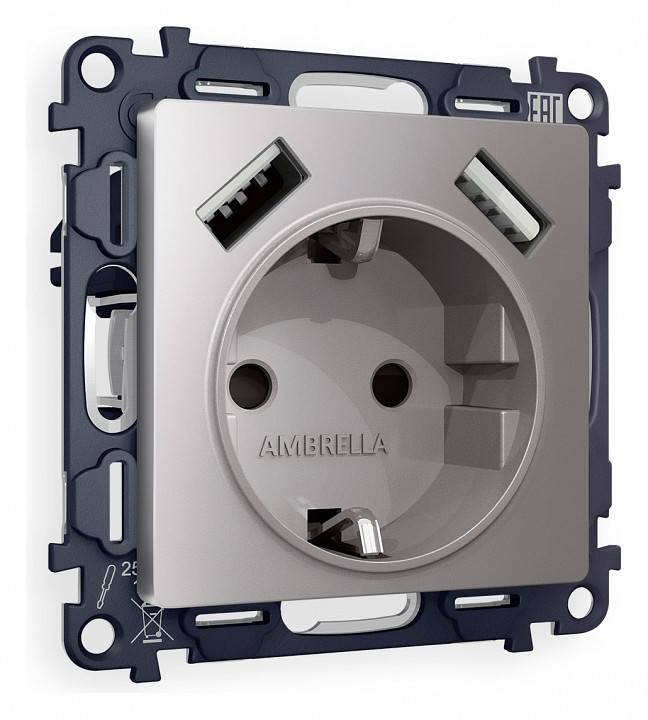 Розетка с заземлением и со шторкой и 2хUSB type A, без рамки Ambrella Volt Quant MA509010
