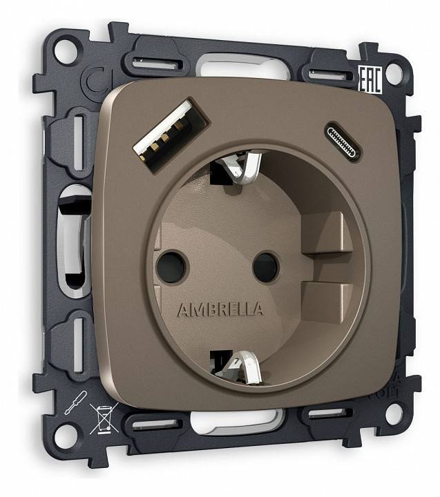 Розетка с заземлением и 2хUSB type A и C, без рамки Ambrella Volt Quant MO640010