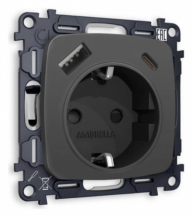 Розетка с заземлением и 2хUSB type A и C, без рамки Ambrella Volt Quant MO910010