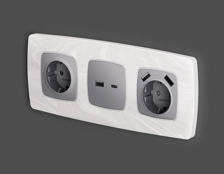 Накладка для розетки с заземлением и со шторками и 2хUSB type A Ambrella Volt Quant OP5090
