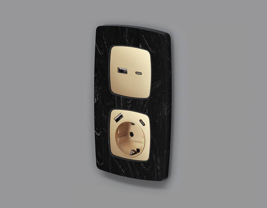 Накладка для розетки с заземлением и со шторками и 2хUSB type A и C Ambrella Volt Quant OP6100