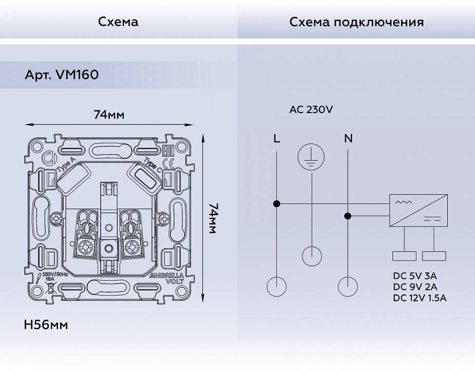 Механизм розетки с заземлением и 2хUSB type A и C Ambrella Volt Quant VM160