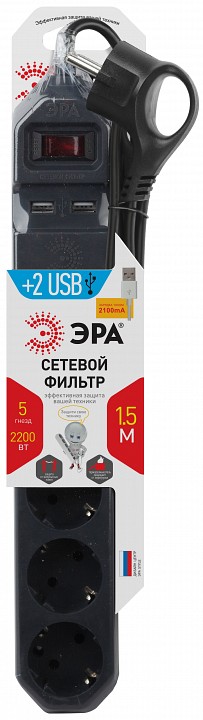 Удлинитель с выключателем Эра  USF-5es-1.5m-USB-B