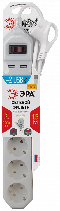 Удлинитель с выключателем Эра  USF-5es-1.5m-USB-W