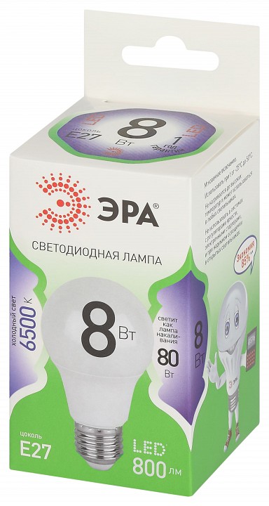 Лампа светодиодная ЭРА Green Line Груша A60 8 Вт E27 6500 К LED A60-8W-865-E27 GL