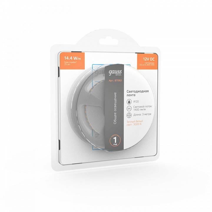 Лента светодиодная Gauss Basic 14.4 Вт/м 12 В IP65 4000 К 5 м BT082