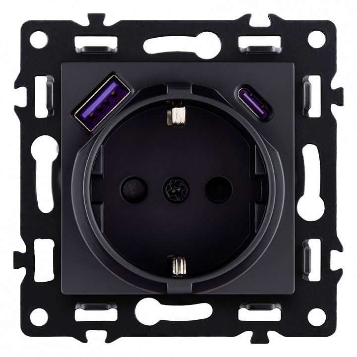 Розетка с заземлением и со шторкой и 2хUSB type A и C, без рамки Kollinger Asthetik AS-016BK