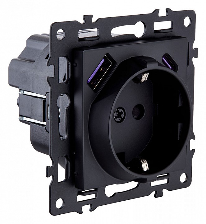 Розетка с заземлением и со шторкой и 2хUSB type A и C, без рамки Kollinger Asthetik AS-016BK