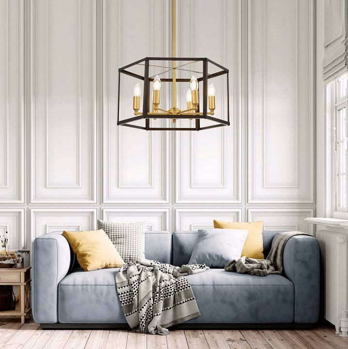 Люстра на штанге LUMINA DECO Lorton 6 ламп черная/латунь LDP 1142-6 BK+MD