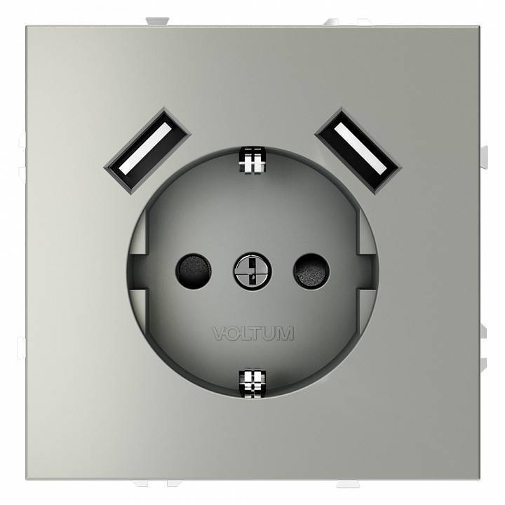 Розетка с заземлением и со шторкой и 2хUSB type A, без рамки Voltum S70 VLS040405