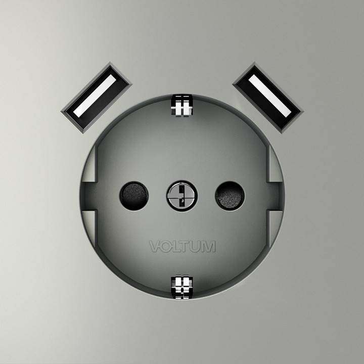 Розетка с заземлением и со шторкой и 2хUSB type A, без рамки Voltum S70 VLS040405