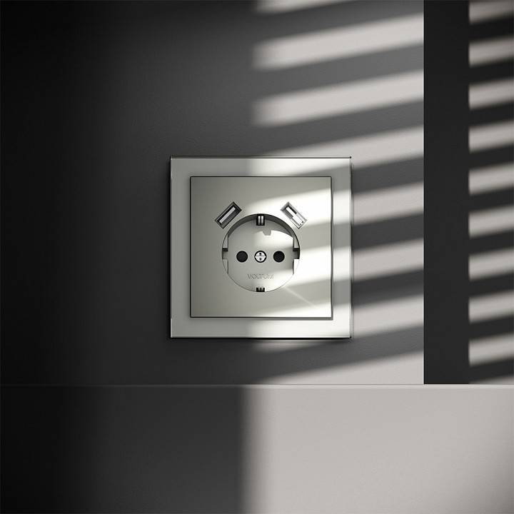 Розетка с заземлением и со шторкой и 2хUSB type A, без рамки Voltum S70 VLS040405