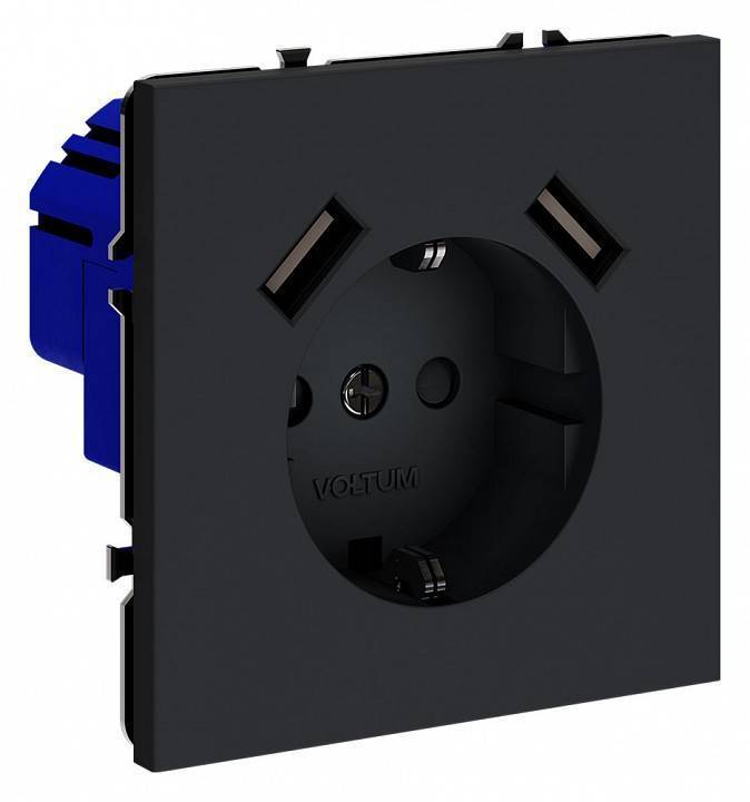 Розетка с заземлением и со шторкой и 2хUSB type A, без рамки Voltum S70 VLS040407