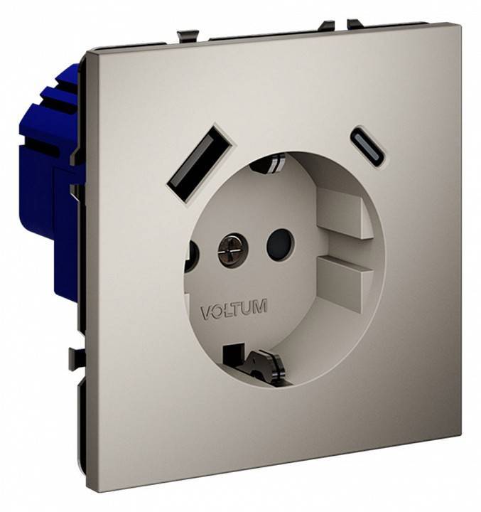Розетка с заземлением и со шторкой и 2хUSB type A и C, без рамки Voltum S70 VLS040503