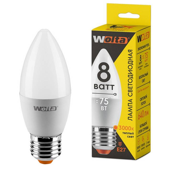 Лампа светодиодная Wolta C37 E27 8 Вт 3000K 30YC8E27