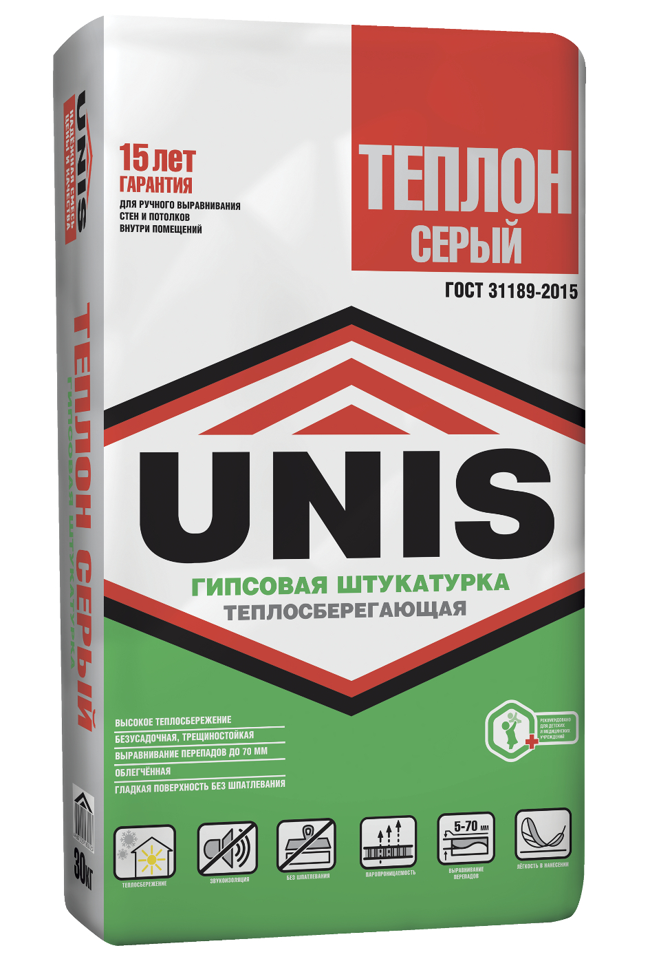 Штукатурка гипсовая UNIS Теплон серый 30 кг 65256