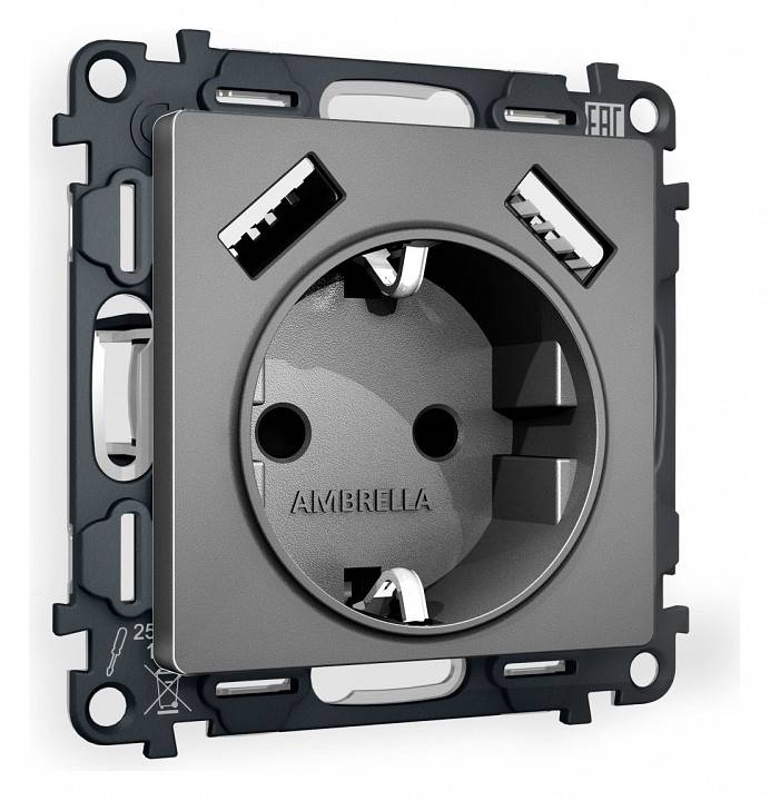 Розетка с заземлением и со шторкой и 2хUSB type A, без рамки Ambrella Volt Quant MA659010