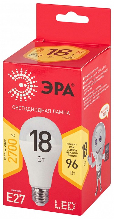 Лампа светодиодная Эра  E27 18Вт 2700K LED A65-18W-827-E27 R
