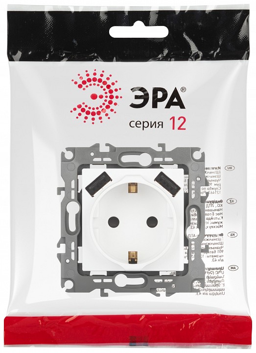 Розетка с заземлением и со шторкой и 2хUSB, без рамки Эра Эра 12 12-4109-01М