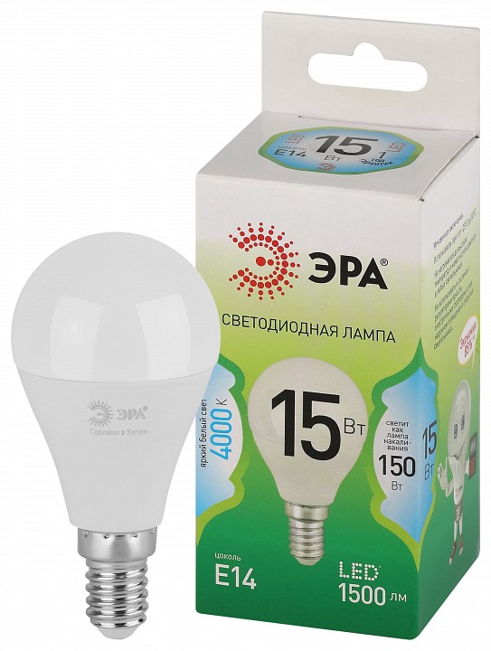 Лампа светодиодная ЭРА Green Line Шар P45 15 Вт E14 4000 К LED P45-15W-840-E14 GL